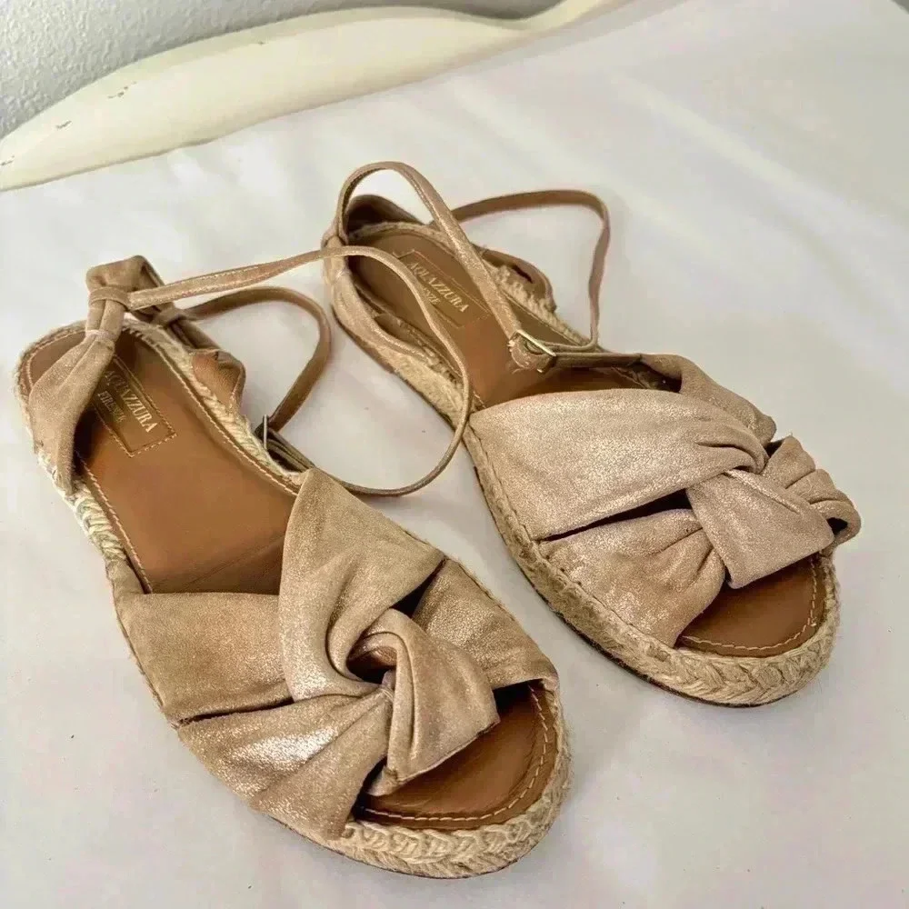 Aquazurra Leather Metallic Knot Strappy Espadrille Sandals Size 6.5